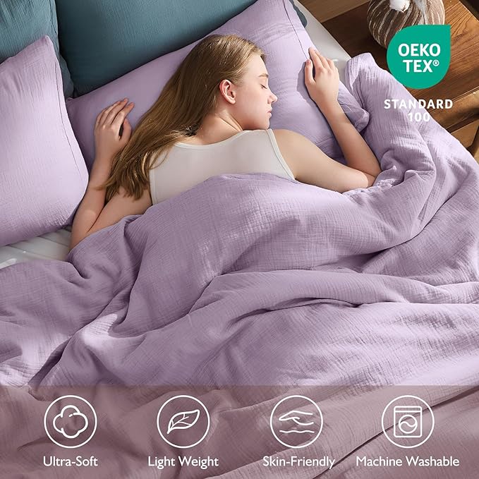 EMME Muslin Cotton Duvet Cover Set Lavender Queen Size Linen Like Soft Breathable Lightweight Summer Comforter Cover Set with Zipper Closure (Lavender, Queen, 90"x90")