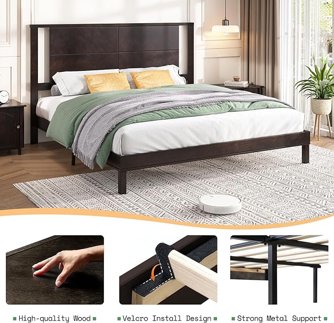 AMERLIFE Solid Wood King Size Bed Frame with Headboard, Mid Century Modern Style Platform Bed with Under-Bed Storage, No Box Spring Needed, Noise Free, Easy Assembly, Dark Brown