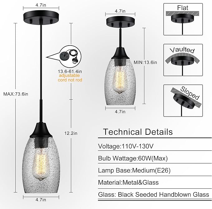 Mini Glass Pendant Light 1-Light 4.72" Handblown Black Seeded Clear Glass Shade,with Matte Black Metal Adjustable Cord Ceiling Light Fixture for Kitchen Island Sink