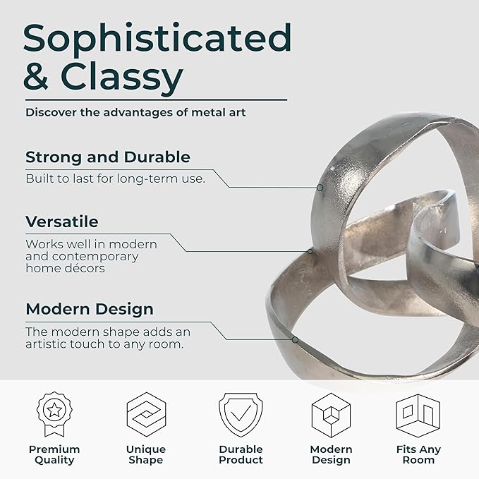 Metal Decorative Object – Minimalist Shelves & Coffee Table Decor – Aluminum Knot Sculpture Modern Home Decor for Office, Bedroom & Living Room – 8" x 7", Silver