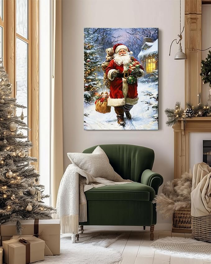 Vintage Santa Claus Christmas Canvas Wall Art - Festive Holiday Painting for Living Room,Bedroom & Bathroom, Cozy Winter Decor Framed Print, Perfect Christmas Gifts & Home Decoration
