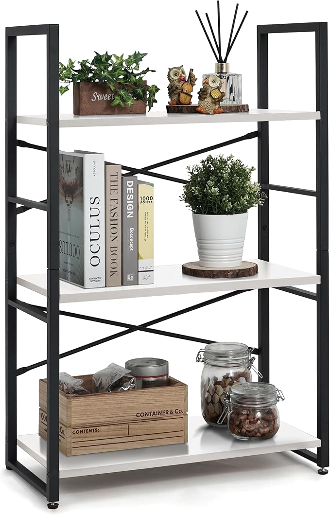 CAPHAUS 3 Tier Small Bookshelf, 24 Inch Width Free Standing Shelf, Bookcase Shelf Storage Organizer, Industrial Book Shelves for Home Office, Living Room, White Shelves & Metal Frame
