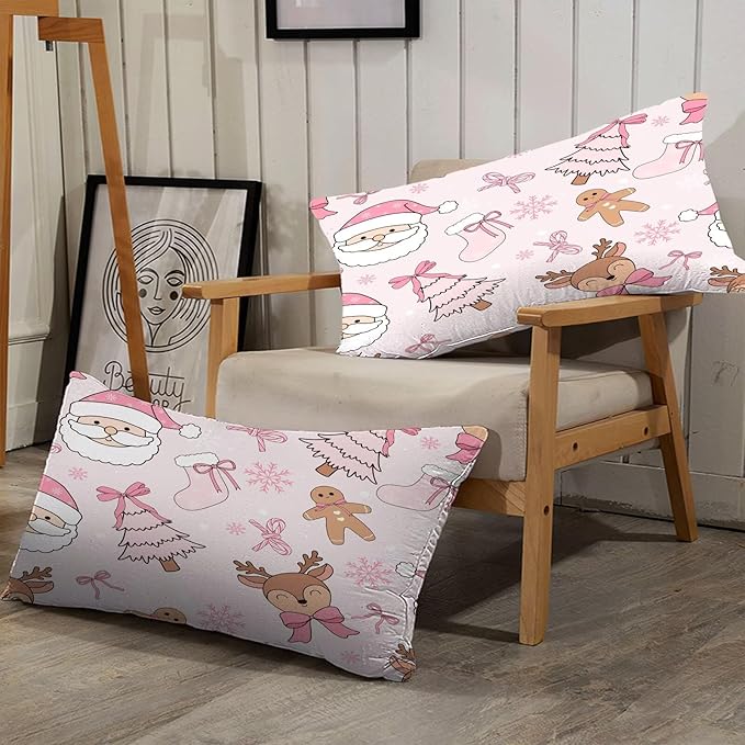 Light-Pink Christmas Comforter Set Twin for Girls, Cute Santa Claus Christmas Tree and Reindeer Printed Bedding Set, Cartoon Xmas Bed Set with 1 Comforter and 1 Pillowcase