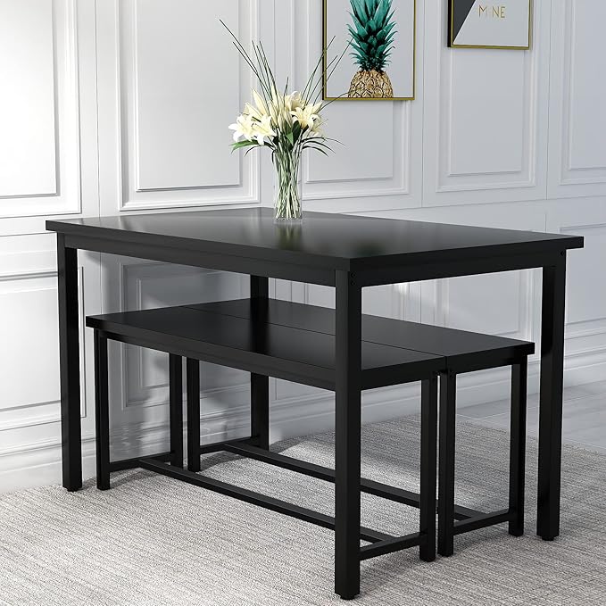 AWQM Dining Table Set for 4, Kitchen Table Set with 2 Benches, 47.2Inch 3-Piece Dining Room Table Set with Metal Frame and MDF Board, Sturdy Structure, Space-Saving, Black