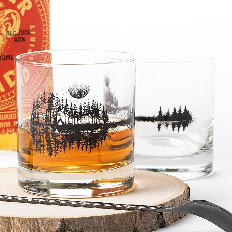 Set of 2 Whiskey Glasses - Nature Guitar Screen Printed Tumbler Glass Set of Two 11oz. Drinking Glasses - Lowball