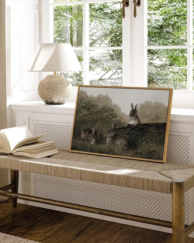 InSimSea Framed Wall Art for Living Room Canvas Print Animal Decor Three Rabbits Vintage Aesthetic Room Decor Landscape Oil Painting Farmhouse Wall Picture for Bedroom Bathroom Office 16x24in
