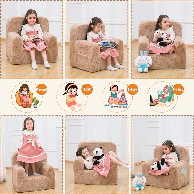 Snuggly-Soft Cuddly Toddler Plush Armchair for Boys and Girls Fuzzy Plush Kids Sofa Couch Reading Chair with Children Friendly Handle for Easy Movement & Double Pockets for Good Storage, Camel