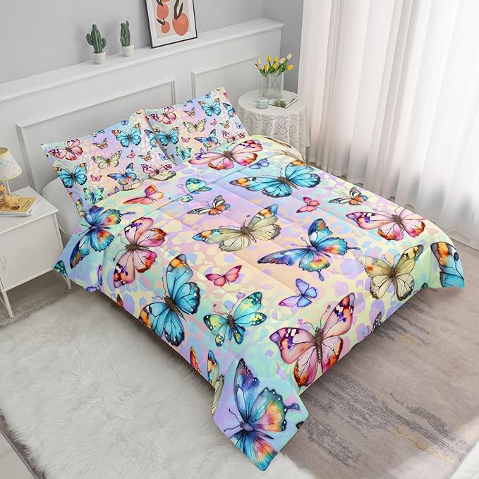 Kids Comforter Set Butterfly Printed Pattern Bedding Set with 1 Comforter and 2 Pillowcases for Girls Boys Bedroom All Season(Butterfly0 Twin)
