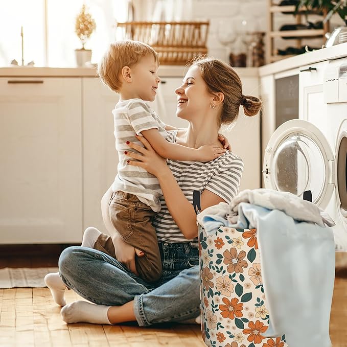 Laundry Hamper,70s Retro Floral Flowers Laundry Basket,Waterproof Foldable Storage Bin for Bedroom,Clothes Organizer Basket,Toys Box 16x20 Inch