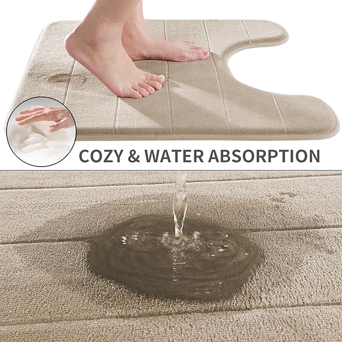 Yimobra Memory Foam Toilet Bath Mat U-Shaped, Soft and Comfortable, Super Water Absorption, Non-Slip, Thick, Machine Wash and Easier to Dry for Bathroom Commode Contour Rug, 24 X 24 Inches, Beige