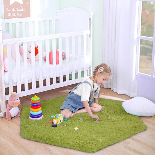 junovo Ultra Soft Rug for Nursery Children Room Baby Room Home Decor Dormitory Hexagon Carpet for Playhouse Princess Tent Kids Play Castle, Diameter 4.6 ft, Green