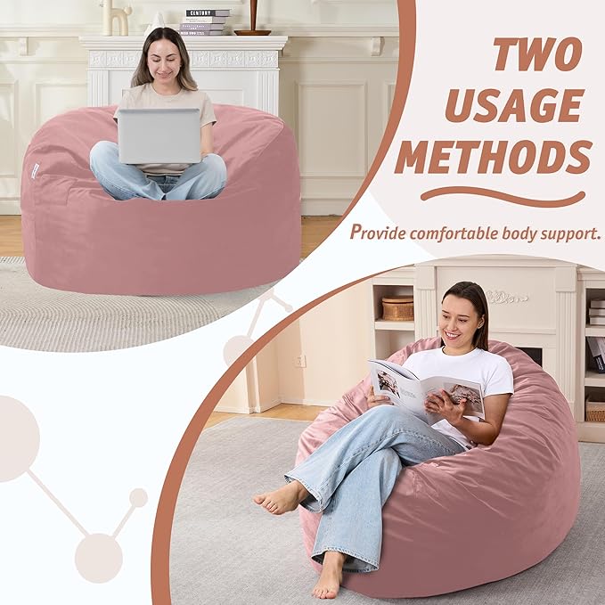 3FT Bean Bag Chair with Ultra Soft Velvet Cover Bean Bag Sofa with Memory Foam Bean Bag Chairs with Large Size Lazy Sofa for Dorm Office Living Room Bedroom Dusty Pink 3'