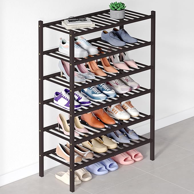 Smiry Bamboo Shoe Rack for Closet, 6 Tier Wooden Stackable Shoe Organizer, Free Standing Shoes Storage Shelf for Entryway, Front Door Entrance, Brown