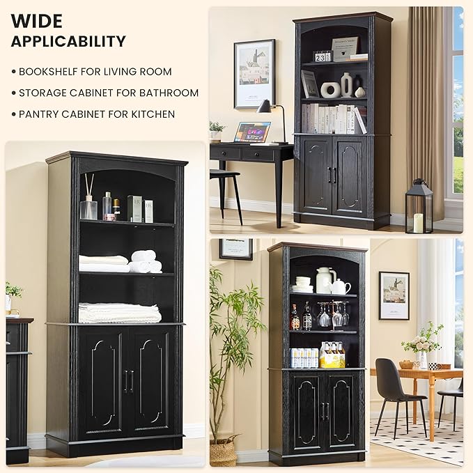 Black 5 Tier Book Shelf and Bookshelf with Storage Cabinet Doors, 72 Inch Tall Bookcase, Wooden Cube Storage Organizer, Kids Bookshelf, Display Cabinet for Bedroom Furniture, Living Room, Pantry