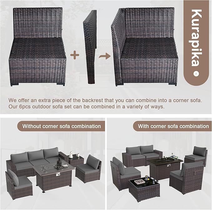 Kurapika 7 Pieces Patio Furniture Set, Rattan Wicker Outdoor Conversation Sets w/43in Propane Fire Pit Table and 4 Inch Cushion(Grey)