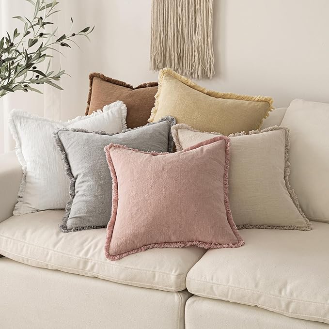 MIULEE Christmas Decorative Lumbar Throw Pillow Covers Neutral Linen Fringe Throw Pillows Set of 2 White Boho Farmhouse Cushion Covers with Tassels for Couch Sofa Bed Living Room Decor 12x20 Inch