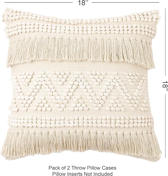 REDEARTH · Boho Textured Throw Pillow Cushion Covers - Woven Tufted Decorative Farmhouse Cases Set for Couch - Bed - Chair - Dining - Patio - Outdoor - 100% Cotton (18"x18" - Natural) Pack of 2