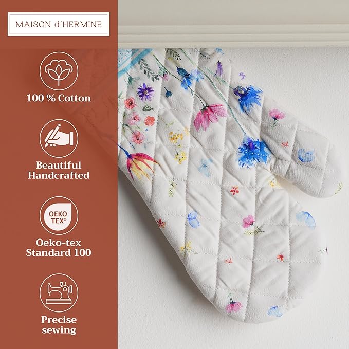 Maison d' Hermine Oven Gloves 100% Cotton Oven Mitt 7" x 13" with Loop Heat Resistant, BBQ, Cooking Gloves, Baking, Grilling, Kitchen, Handling Hot Pans Spring/Summer (Pack of 1, Flower in The Field)