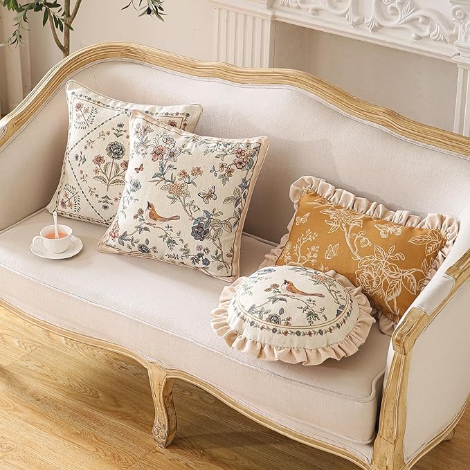 Design Square Floral Bird Linen Throw Pillow Covers 18"x18" Pack of 2, Yellow Pink Cushion Covers with Flower Chinese Hwamei Decor Pillowcases for Bed,Living Room,Outdoor,Car