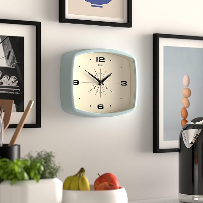 JONES CLOCKS® Movie Wall Clock | Rectangular Retro Clock | 10 inch | Pale Blue | Cool mid-Century Designer Look for Kitchen, Living Room or Office