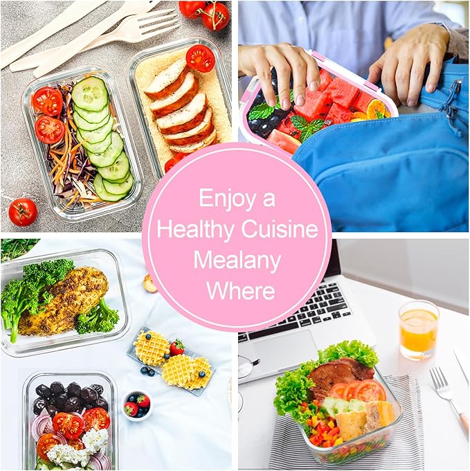 VERONES 10Pack Glass Meal Prep Containers, Airtight Glass Lunch Containers,Stackable Glass Food Storage Containers Set with Lids,Exclusive of BPA, for Microwave,Oven, Freezer&Dishwasher Friendly,Pink