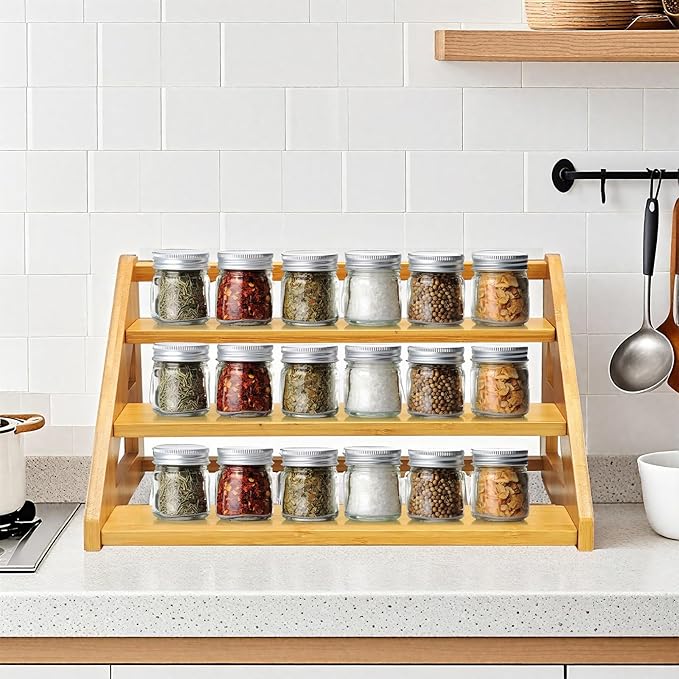 3-Tier Spice Rack Organizer,Bamboo Spice Rack for Kitchen Countertops,Cabinets & Pantries,Modern Space-Saving Design, Durable Bamboo Organizer (Spice Bottles Not Included)