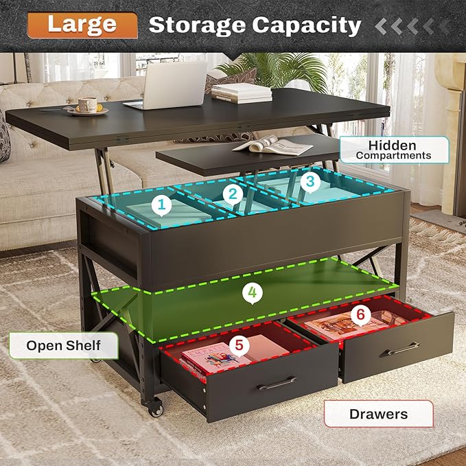 Itaar 40" Lift Top Coffee Table, 4 in 1 Coffee Tables with Storage for Living Room, Small Farmhouse Coffee Table with 2 Drawers & LED Light for Dining Reception Room, Black