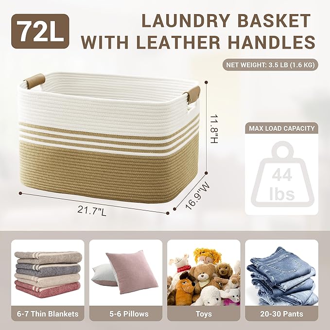 Laundry basket with leather handles for clothes,blankets,pillows,toys,towels,suitable for bedrooms and living rooms,cotton woven laundry hamper,extra large gift basket,22"x17"x12",Khaki