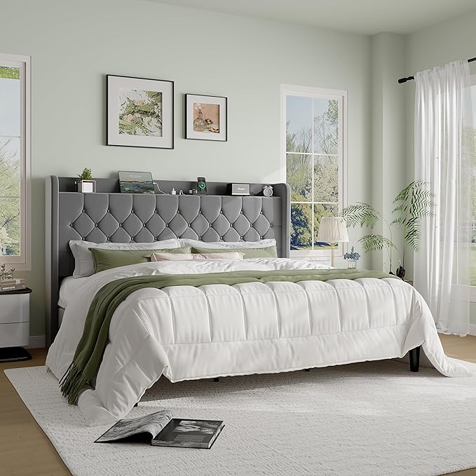 SHA CERLIN King Size Platform Bed Frame with Charging Station, Velvet Wingback Headboard with Storage Shelf, Wooden Slats Support, Ample Under-Bed Space, No Box Spring Needed, Easy Assembly, Grey