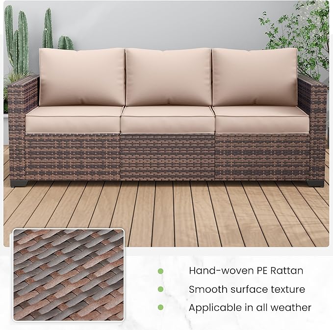 Amopatio Patio Couch, 2-Seat Outdoor Furniture, Wicker Porch Furniture Outdoor Couch Sofa with Water-Resistant Cover & Non-Slip Cushions, Premium Patio Set, Khaki
