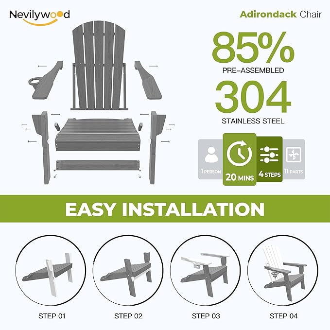 nevilywood Folding Adirondack Chair - Extended Ergonomic Backrest, Cup Holder - Easy Assembly - Durable HDPE Plastic, Weather Resistant & Maintenance-Free - Lawn, Patio, Deck Supports 380lbs,Grey