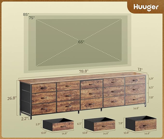 Huuger 78.7 inch Long Dresser for Bedroom, 15 Drawer Fabric Dresser for Closet, Large TV Stand for 65, 75, 85 inch TV, Wide Chest of Drawer with Storage, 78.7" W x 12.9" D x 26.7" H, Rustic Brown