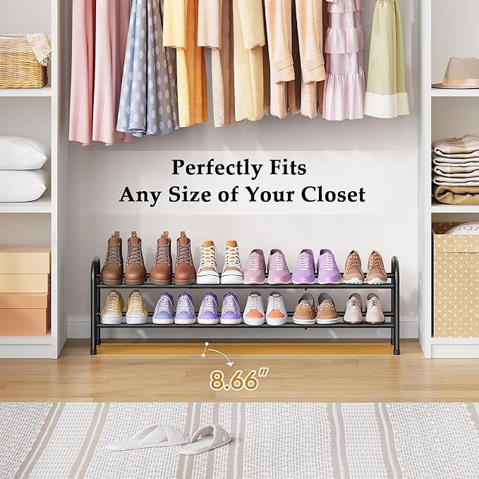 2 Tier Shoe Rack, Shoe Organizer for Closet, 28“ Metal Shelf Can Expandable to 42“, for Bedroom, Entryway, Closet, Garage, Adjustable to 12 Pairs Shoes, Black