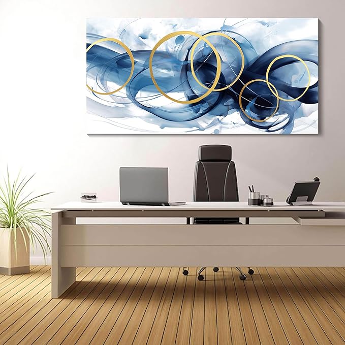 HKDGOKA Blue Abstract Wall Art, Graffiti Ink Gradient Living Room Canvas Artwork White Gold Large Wall Picture Modern Office Paintings for Kitchen Dining Room Bedroom Wall Decor 24x48 IN