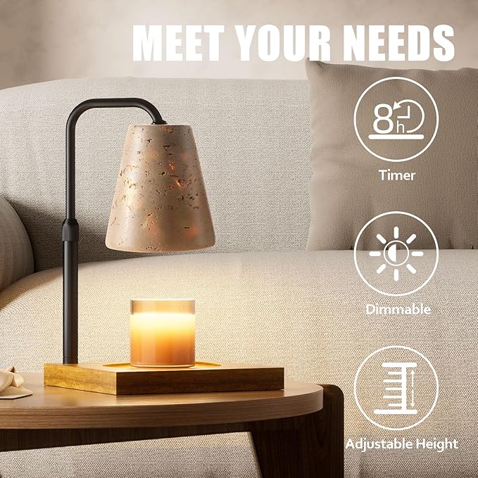 Candle Warmer Lamp with Timer, Adjustable Height Dimmable Candle Lamp for Bedroom, Wax Warmer for Scented Candles with Marble, 2 Bulbs House Warming Gift for Mom (Slant)