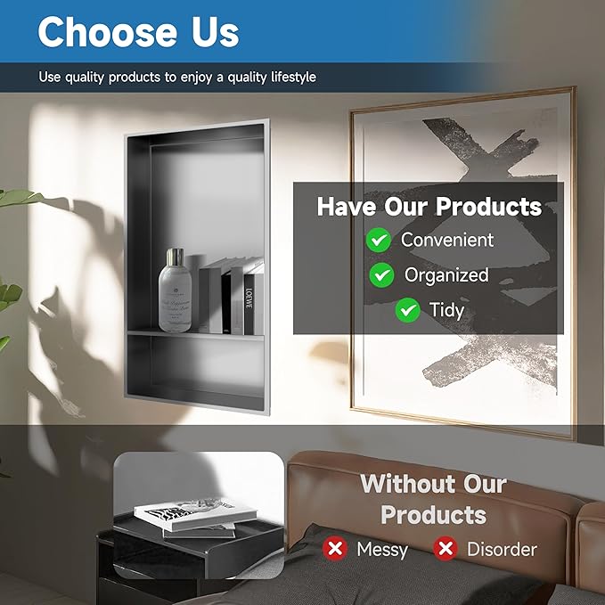 12" X 25" Stainless Steel Shower Niche Insert Tile Ready, Niche for Shower Wall, 2-Tier Recessed Shelves No Tile Needed for Bathroom Storage, Brushed Nickel