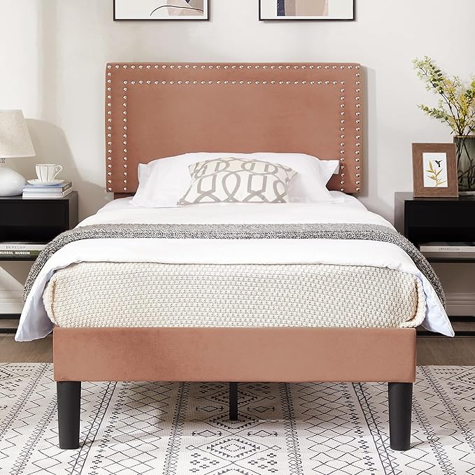 VECELO Platform Bed Frame Twin Size with Adjustable Upholstered Headboard, Strong Wood Slat Support, No Box Spring Needed, Easy Assembly