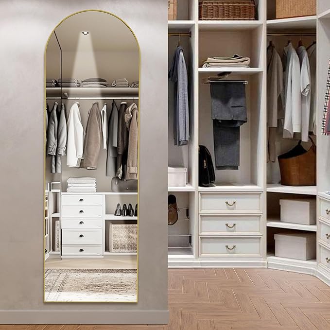 OLIXIS Arched Full Length Mirror 64"x 21" for Bedroom, Full Body Mirror with Stand, Hanging or Leaning for Wall, Aluminum Alloy Thin Frame Floor Standing for Living Room, Long, Gold