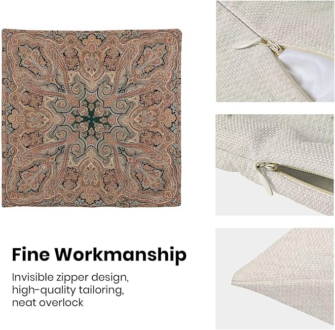 Boho Throw Pillow Covers 18x18 Inch Set of 2, Linen Ethnic Design Pattern Decorative Throw Pillow Covers Brown Carpet Pattern Outdoor Cushion Cover for Sofa Couch Farmhouse Room Bed Decor