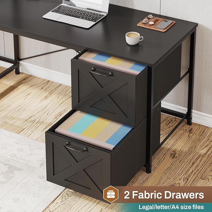 SEDETA Corner Computer Desk, Reversible L Shaped Computer Desk with Fabric Drawers and Power Outlet, Gaming Desk with Led Lights, Hutch and Storage Shelf for Home Office, Black