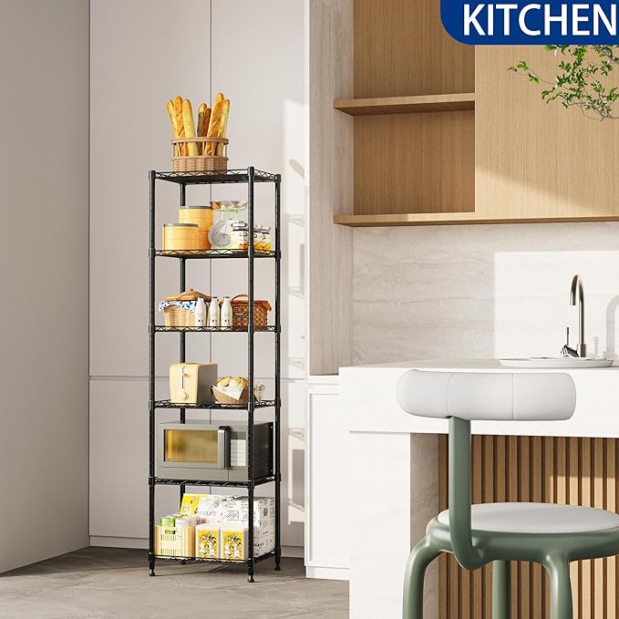 REGILLER 6 Wire Shelving Steel Storage Rack Adjustable Unit Shelves for Laundry Bathroom Kitchen Pantry Closet(Black,11.7" D x 16.8" W x 63" H)