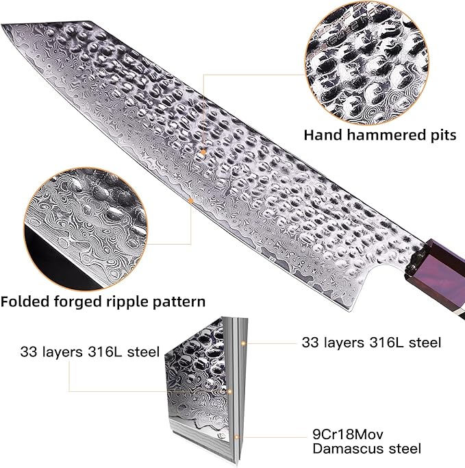 FINDKING Eternity Series Japanese Kiritsuke Knife with ABS sheath, Multi-Purpose Gyuto Chef knife, 9Cr18MoV Damascus Steel Blade, Resin Octagonal Handle, for Meat, Fruits, Vegetables,9 Inches