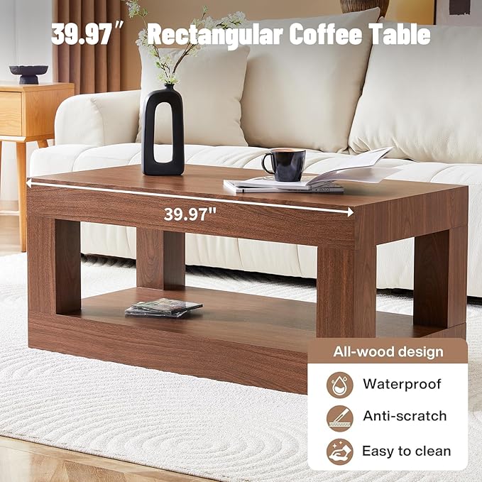39.37" Coffee Table with Storage, 2-Tier Mid Century Rectangular Accent Table with Thick Tabletop, Rustic Style Cocktail, Center Table for Living Room, Office, Apartment (Walnut)