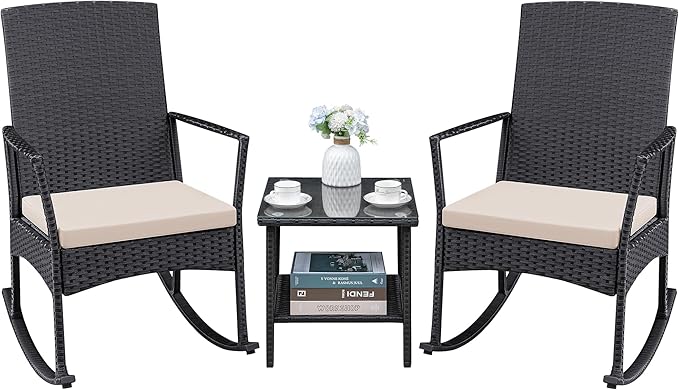 Greesum 3 Pieces Patio Furniture Set Outdoor Wicker Rocking Chairs with Glass Coffee Table for Garden Backyard Porch Poolside, Beige
