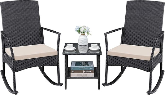 Greesum 3 Pieces Patio Furniture Set Outdoor Wicker Rocking Chairs with Glass Coffee Table for Garden Backyard Porch Poolside, Beige