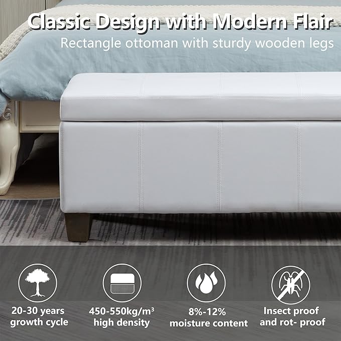 White Faux Leather Ottoman with Storage, Rectangular Extra Long Storage Bench for Bedroom and Living Room