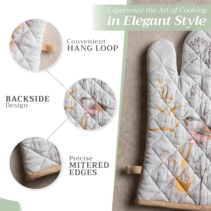 Maison d' Hermine Oven Gloves 100% Cotton Oven Mitt 7" x 13" with Loop Heat Resistant, BBQ, Cooking Gloves, Grilling, Kitchen, Handling Hot Pans Spring/Summer (Pack of 1, Meadow Florals - Beige)