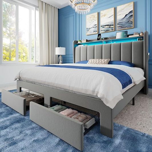 Allewie Velvet Vertical Tufted Queen Upholstered Platform Bed Frame with 2-Tier LED Storage Headboard & 2 Storage Drawers, USB & Type-C Charging Ports, Noise-Free/No Box Spring Needed, Grey
