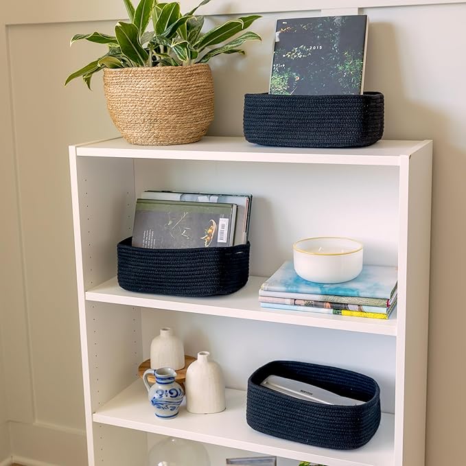 NaturalCozy 11.8"x8"x4.5” Rectangle Storage Baskets for Shelves 3 Pack | Cotton Rope Woven Small Baskets for Organizing | Small Storage Bins for Nursery, Bathroom, Closet, Shelf, Decorative, Gift