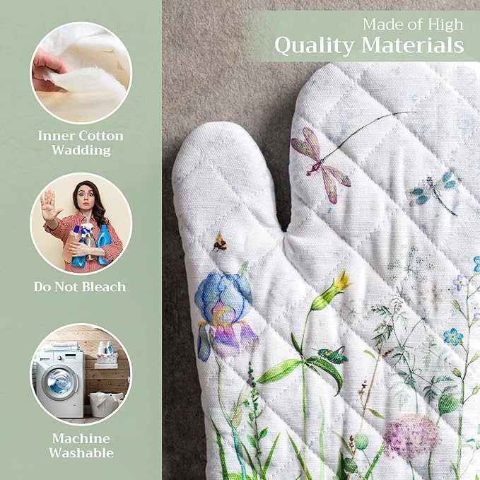 Maison d' Hermine Oven Gloves 100% Cotton Oven Mitt 7" x 13" with Loop Heat Resistant, BBQ, Cooking Gloves, Baking, Grilling, Kitchen, Handling Hot Pans Spring/Summer (Pack of 1, Fleurs De Mai)